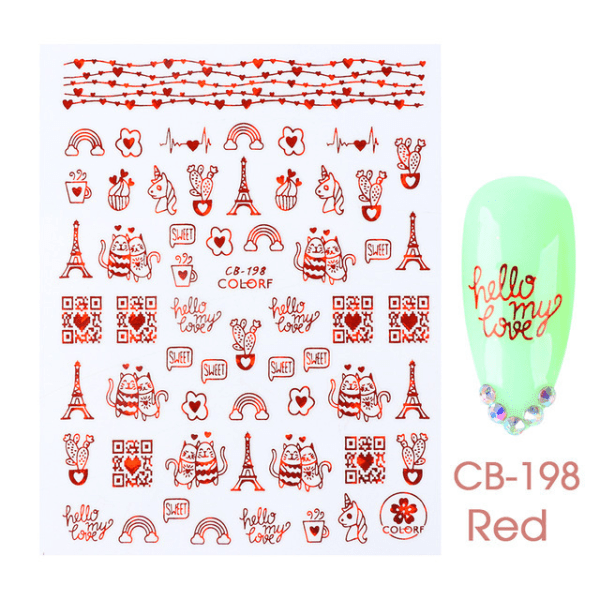 8 ark Valentines Nail Art Stickers Decals Selvklæbende rødt hjerte N