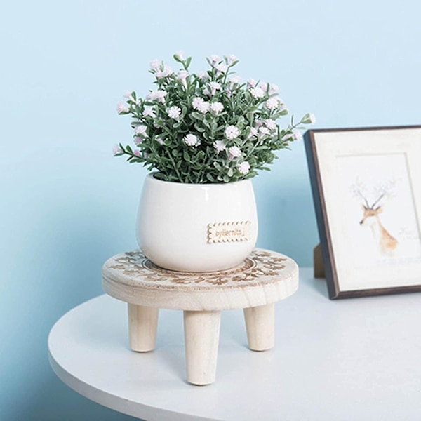 Mini träpall rund dekorativ blomkruka hållare inomhus utomhus rustik trädgårdsdekor (medium)
