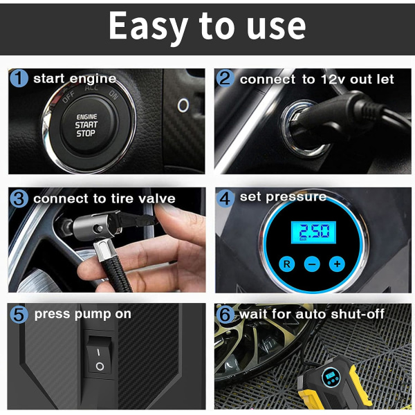 Digital luftkompressor til bil, automatisk pumpe, bærbar dæk oppuster med LED-lys DC 12V