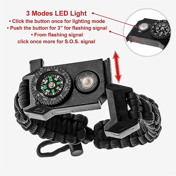 2 stk Svart og Grønn Overlevelses Paracord Armbånd - Taktisk Nødutstyrsett Med SOS LED Lys, Justerbar, Multiverktøy, Tennstål, Kompass og Fløyte