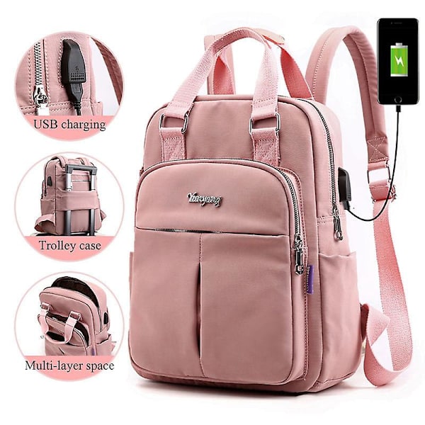 Laptop-ryggsäck USB-laddning Ryggsäck reseryggsäck skolväska light pink
