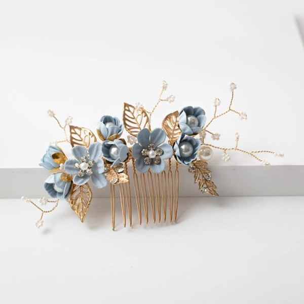 4 kpl häähiusklipsikampa Käsintehdyt morsiamen hiusklipsit Pearl Floral Leaf -hiustarvikkeet naisten häihin (sininen)