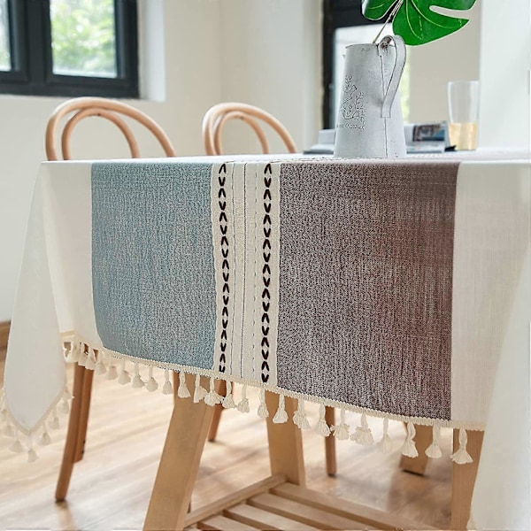 Rektangulär Duk Bomull Linne, Tvättbar Bordsduk med Tofsar Perfekt för Rektangulära Avlånga Bord, Kök, Matrum (140 x 220 cm, Blå Brun)