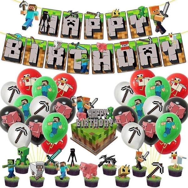 Minecraft-tema tillykke med fødselsdagen Ballonsæt Dekorationsudstyr Banner Pull Flag Kage Toppers Kits