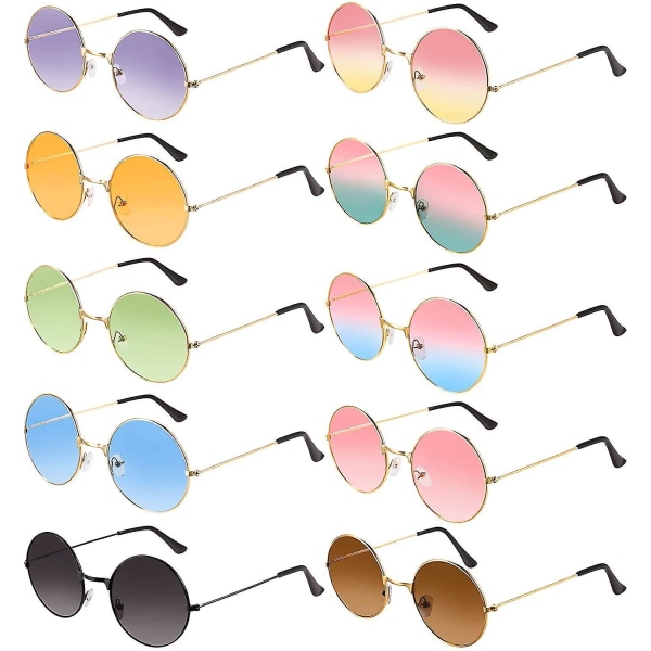 10 par runde hippiesolbriller John 60'er-stil Cirkelfarvede briller Guldstel Tilfældig stil