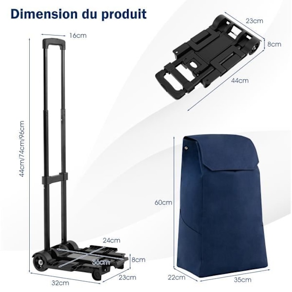 COSTWAY 38L 2-hjulet sammenklappelig indkøbsvogn indkøbspose med teleskophåndtag lavet af vandtæt stof og stål Belastning 60 kg Blå Blå