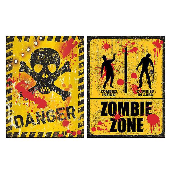 2 stk udendørs indretning Halloween advarselsskilt Halloween plakat Zombie Zone vægklistermærke Hjemsøgt hus vægklistermærke Pas på skilt
