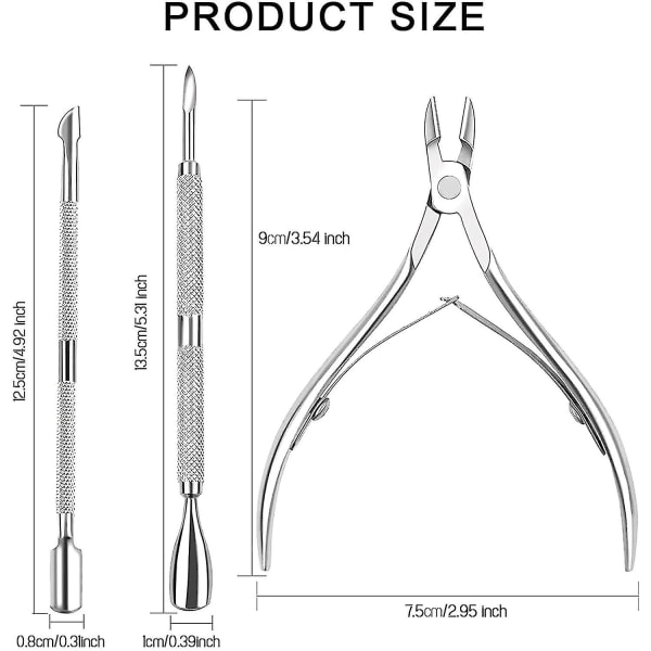 Cuticle Grooming Kit 3 delar, inklusive nagelbandsskärare - fil & pusherssilver