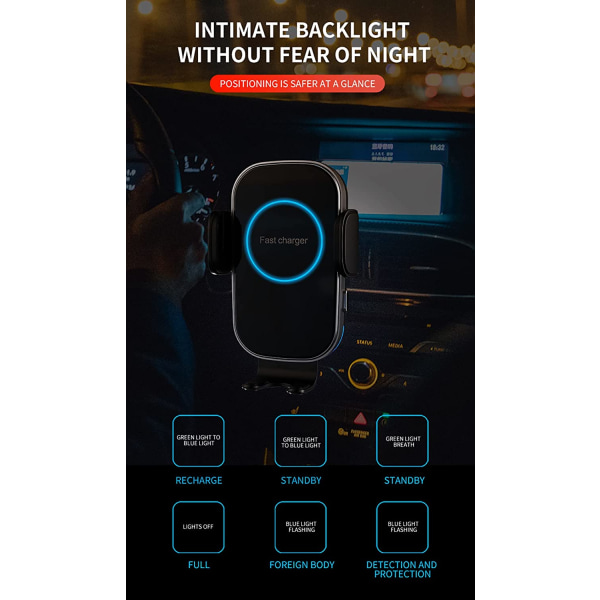 Trådløs bil lader montering, 15W Qi hurtiglading, automatisk klemmende bil lader iPhone Samsung, montering frontrute dashbord luftventil bil telefon lader, svart