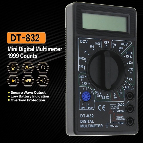 Dt-832 1999 Digital Multimeter AC/DC Ampere, Volt, Ohm Testare, Voltmeter, Amperemeter, Multimeter, Svart
