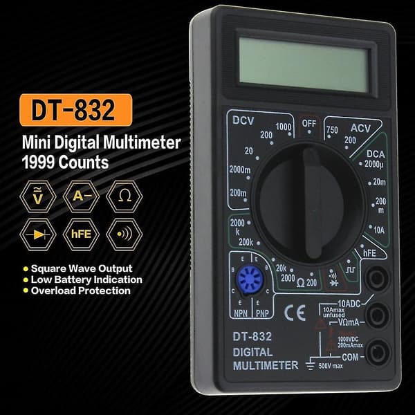 Dt-832 1999 Digital Multimeter AC / DC Ampere, Volt, Ohm Tester Voltmeter Ammeter Multimeter Sort
