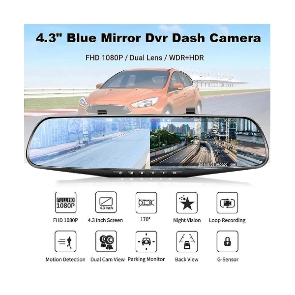 4,3 tommer bil Dash Cam Driving Recorder Hd 1080p Mirror Dvr Da