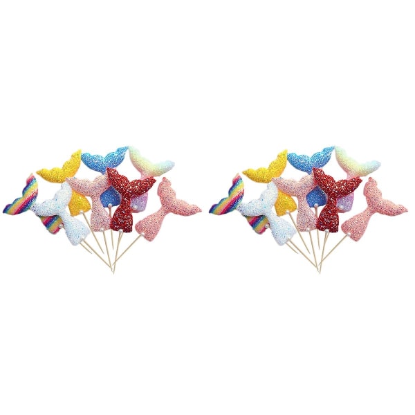 16 stk Havfrue fiskehale formet glitter kake toppers design cupcake dekorasjon frukt plukker bursdagsfest rekvisita (tilfeldig farge)