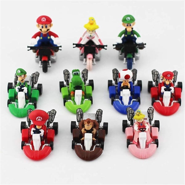 10 Pcs Super Mario Bros Kart Pull Back Cars Motorcycle Luigi Yoshi Toad Princess Peach Donkey Kong 2.5 Inch For Kids+ Gift (10 Pcs)