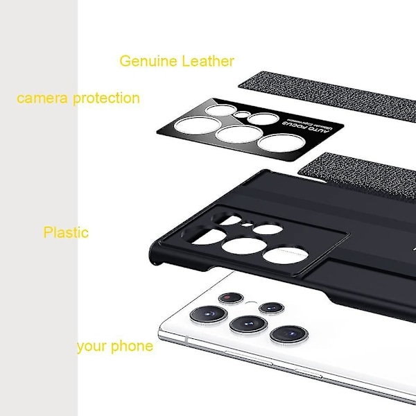 Ekte skinnveske kompatibel med Samsung Galaxy S23 Ultra Ekte skinnbakdeksel Ultra-tynt hardt støtfanger Black