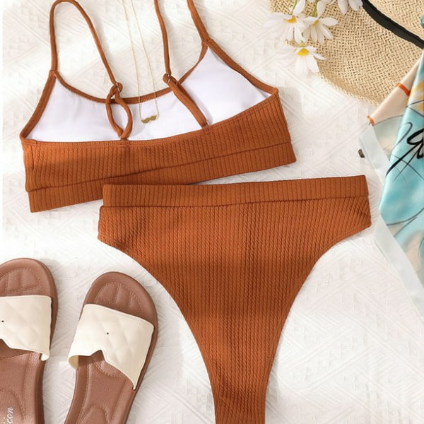 Damer Højtaljede Ribbede Cami Bikini Sæt Brun M-US8 Coffee color M