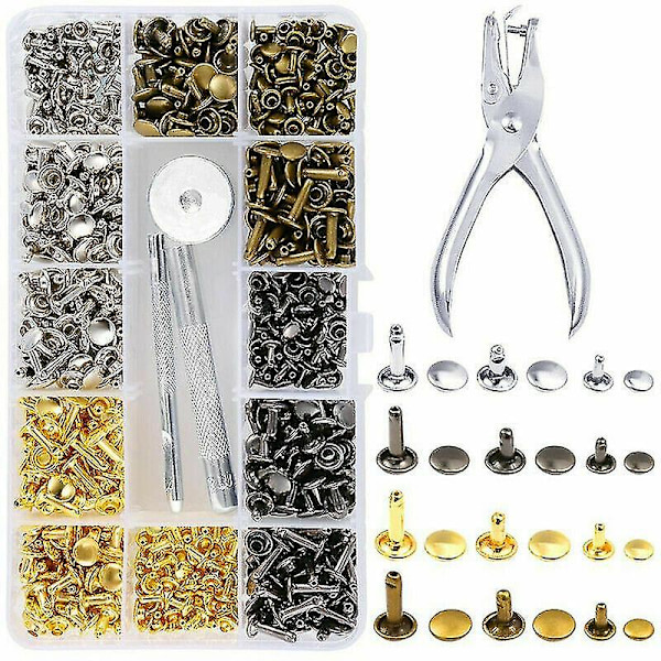 Lädernit Dubbel Lock Metall Nitar Fästverktyg Håltång Kit.(silver+guld)(360st)