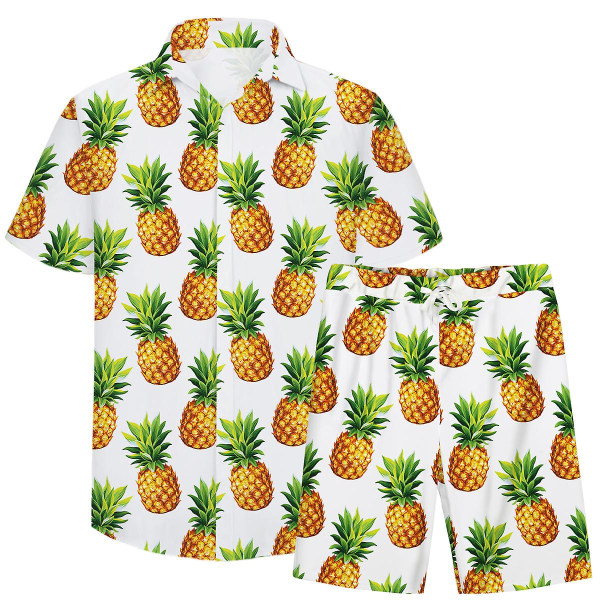 Allthemen herre 2-delt sommer ananas printet strandskjorte og shorts XL