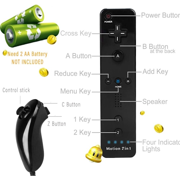 2 stk 2-i-1 fjernkontroll for Wii med Motion Plus og Nunchuck,