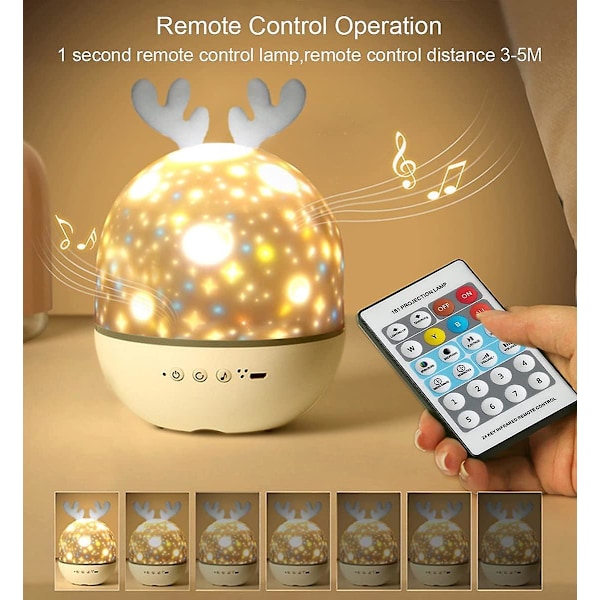 Baby Projektor Natlampe, LED Børne Natlampe Musikalsk og Lysende Lampe 360° Rotation, 8 Sange, 6 Projektionsfilm, Stjerne Projektor Lampe til Seng