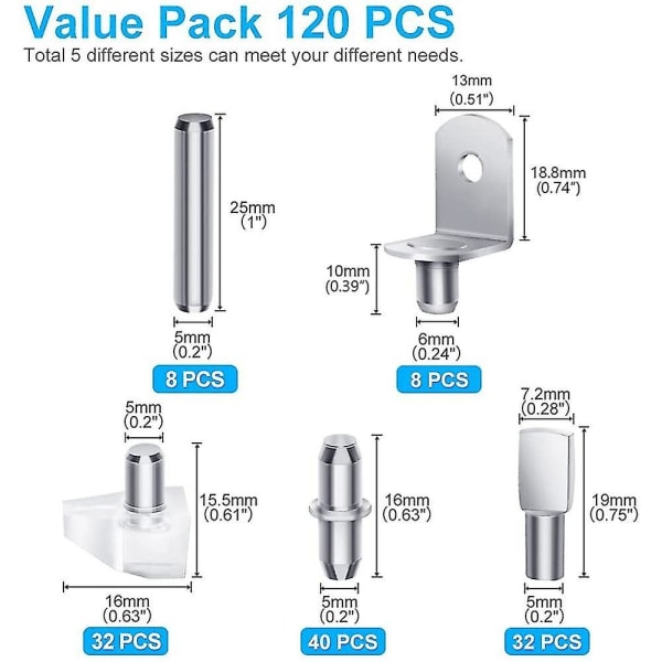 120 st hyllpinnar, 5 stilar hyllpinnar hyllstöd pinne