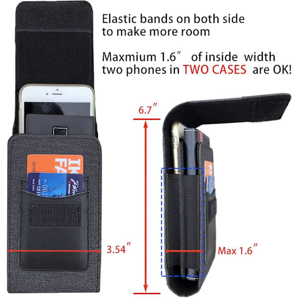Dobbelt Nylon Telefon Holster Taske Med Bælteclips, Bæltetaske Til Mobiltelefoner Under 7,5 Tommer