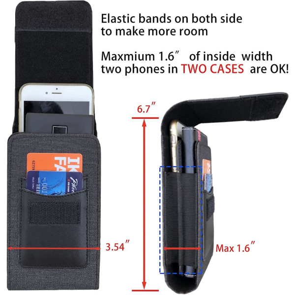 Dobbelt nylon telefonhylsterpose med bælteclips, taljetaske til mobiltelefoner under 7,5 tommer