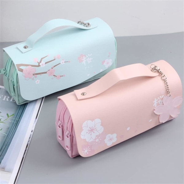 Kawaii Cherry Blossom pennväska Rosa söt case Stor kapacitet papperspåse Skolmaterial Makeup-väska (blå)