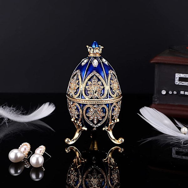 Emalje Fabergé æg, dekorativ hængslet smykkeskrin med funklende rhinsten, unik gave/pynt til hjemmets kommode fødselsdagsfest (blå) blue