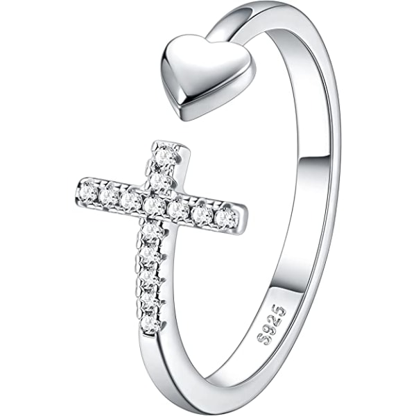 925 Sterling Silver Women's Cross Love Ring Öppen Justerbar