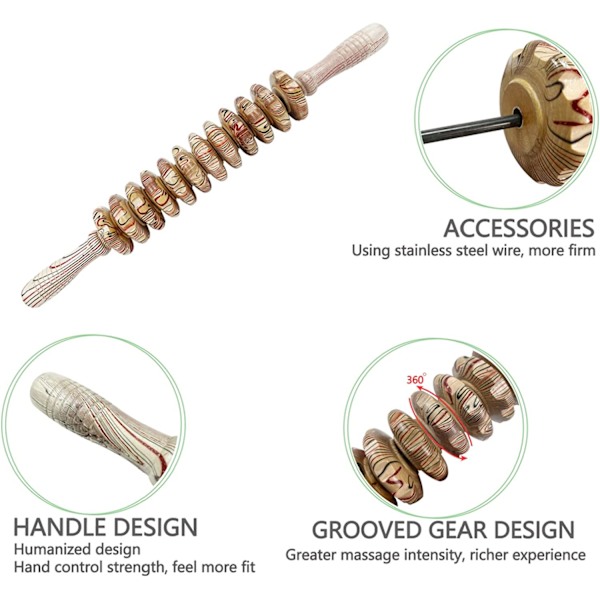 Trämassager handhållen rulle, fascia triggerpunkt rulle, kroppsmassager, muskel- och bukavlastningsverktyg -12 roterande rullar