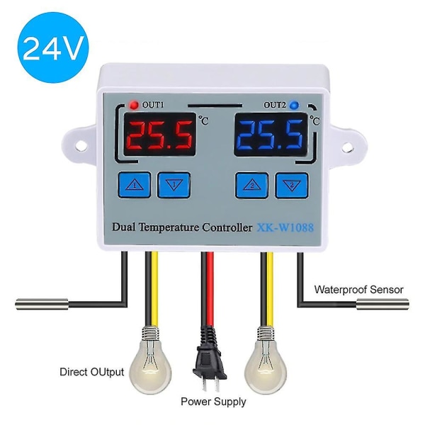 Dobbel digital termostat temperaturregulator to reléutgang termoregulator for inkubator oppvarming kjøling XK-W1088 DC24V