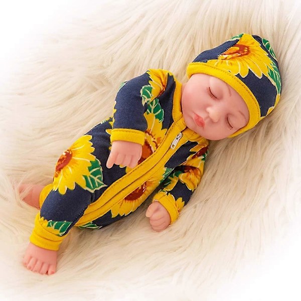 Sjov 25 cm Nyfødt Reborn Babydukke og Tøjsæt Vaskbar Realistisk Silikone Babydukke med Sød Solsikke Jumpsuit Tøj - Bedste Gave til Børn