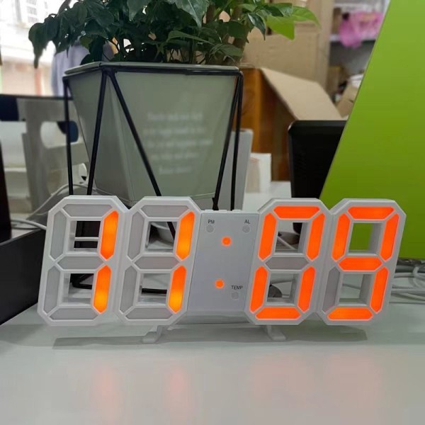 Stor 3D LED digital veggklokke orange light