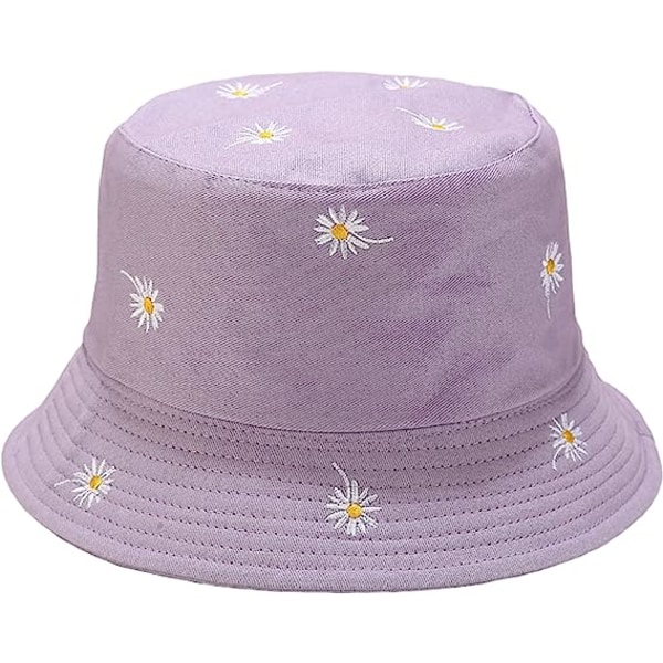 Som sett på TV Blomster Reversibel Bøttehatt Sommer Reise Strand Solhatt Emborider Purple