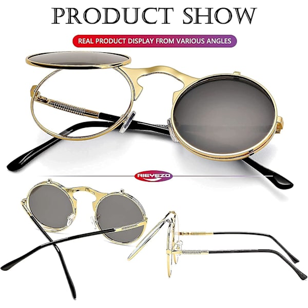 Pyöreät kääntyvät aurinkolasit miehille ja naisille - John Lennon -lasit 90-luvun retro steampunk -tyyli A1 Gold-Grey