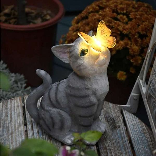 Katt Hagedekorative Sommerfugl Utendørs Solcellelamper Balkonglayout Søt Katt Sommerfugl Harpiks Dekorative Utendørs Solcellelamper Kreative Dyr
