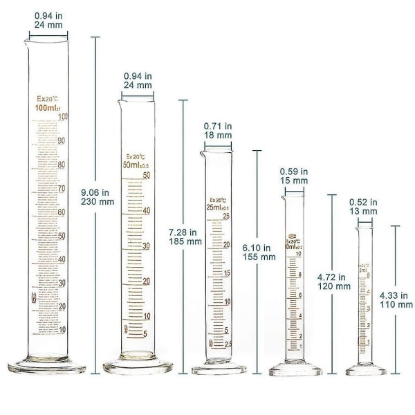 Gradert sylindersett, målesylindere av borosilikatglass med pipetter/staver/ren børste