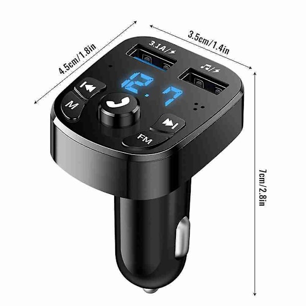 Kit for bil FM-sender med Bluetooth 5.0, hurtig billader med Qc3.0, dobbel USB-voltmeter