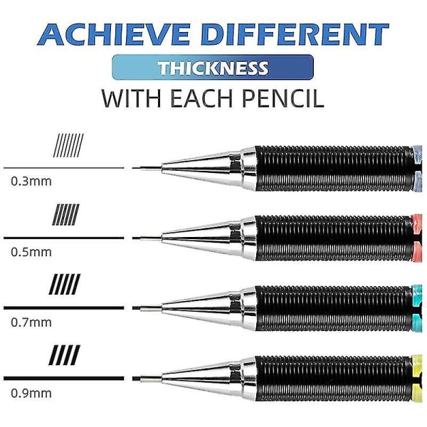 Mekanisk blyantsæt 0,3 0,5 0,7 0,9 mm, automatisk blyant, 4 stk. med viskelæder og blyrefill F
