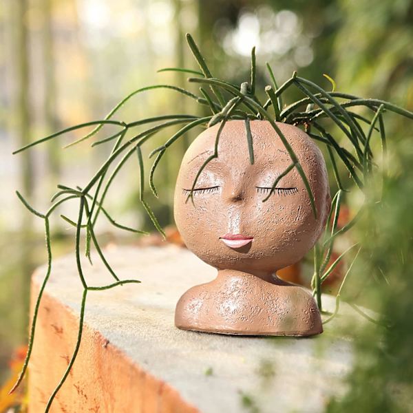 Ansiktsblomkruka Huvud Krukväxt Kruka Söt Harts Kaktus Kruka med Dräneringshål Sött Ansikte(Växter ingår ej.)
