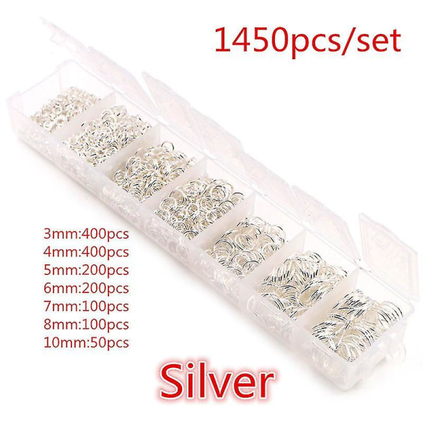 En uppsättning låda 3 4 5 6 7 8 10mm brons guld silver pläterade öppna hoppringar delade ringar länkögla för DIY smyckestillverkning 1450pcs Set Silver