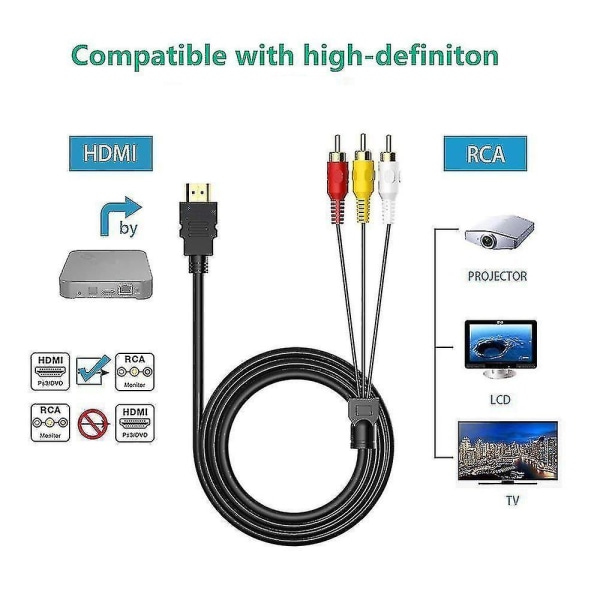 Hdmi til Rca-kabel, 1080p 5ft/1.5m Hdmi-han til 3-rca Video Audio Av-kabel-stikadapter-sender
