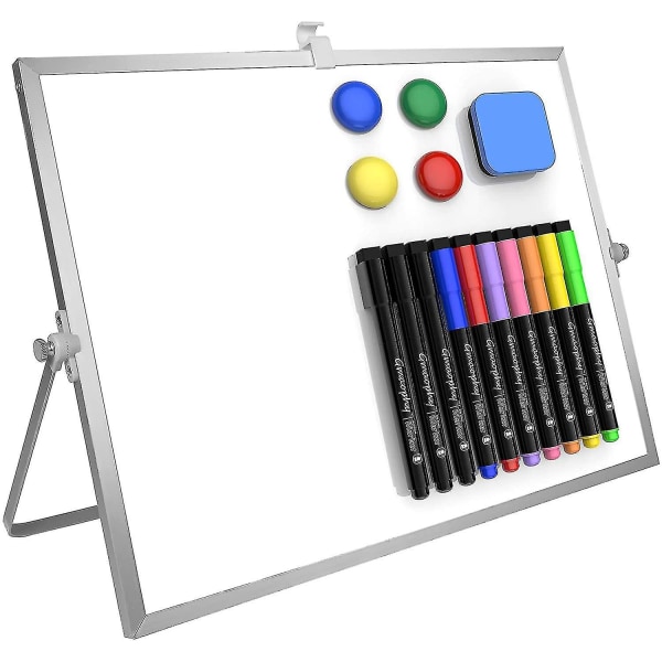 Dry Erase White Board, 16 tommer 12 tommer stor magnetisk bordtavle med stativ, 10 markører, 4 magneter, 1 viskelæder, bærbar dobbeltsidet whiteboard