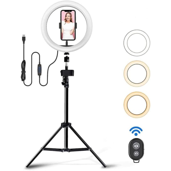 10 Tommer Led Selfie Ring Lys Med Stativ Stand & Telefon Holder Til Live Streaming/makeup/tik Tok/youtube Video, Dæmpbar Kamera Lampe Fyld Lys Til Ph