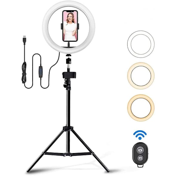 10 tommers LED Selfie Ring Light med stativstativ og telefonholder for direktestrømming/sminke/tik Tok/youtube-video, dimbar kameravideolampe for telefon