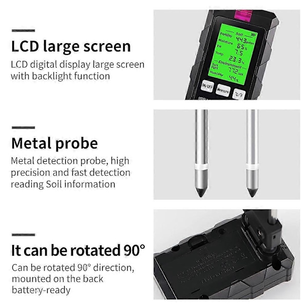 6-i-1 Jordtester LCD Jordmålingsenhet Tester PH-verdi Temperatur Lys Fuktighet js
