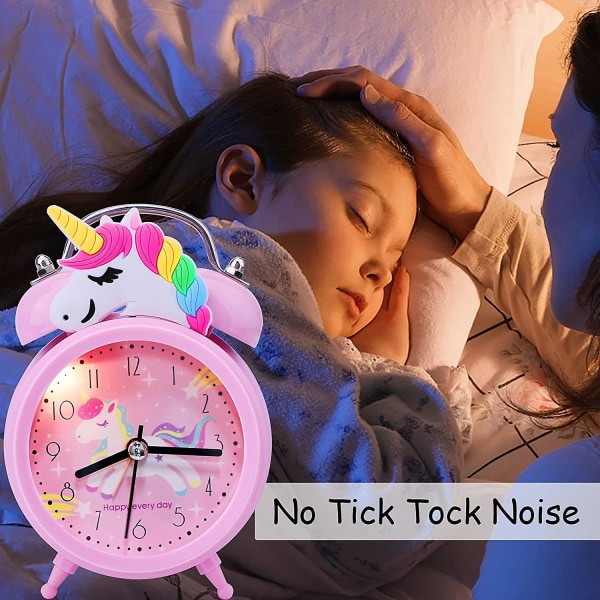 Unicorn-herätyskellot tytöille, hiljaiset yöpöydän herätyskellot taustavalolla, tikittävät vintage kaksoiskellot raskaalle nukkujalle [energialuokka A++]