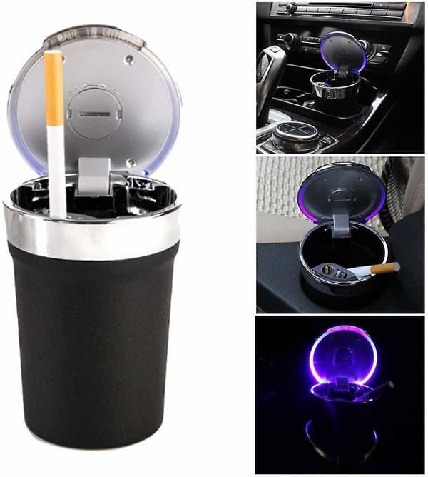 Bilskål Bærbar Røgfrit Cylinder Med Låg Og Blå LED-Lys