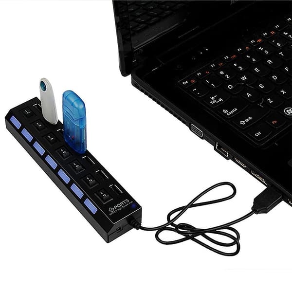 7 porte USB 2.0 hub adapter med tænd/sluk-knap til computer bærbar sort